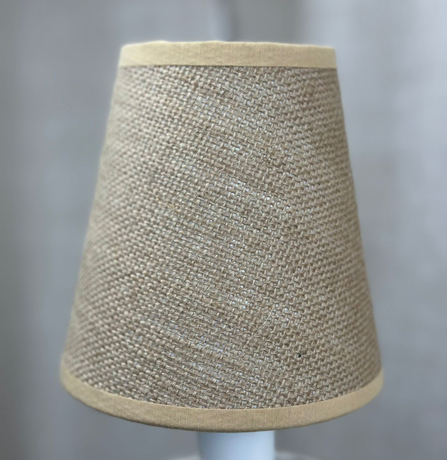 Modern and stylish Lampshade - Mini Empire - Mini - in Jute Hessian with a taped edge and white lining. Ideal for any room. Made to order lampshades